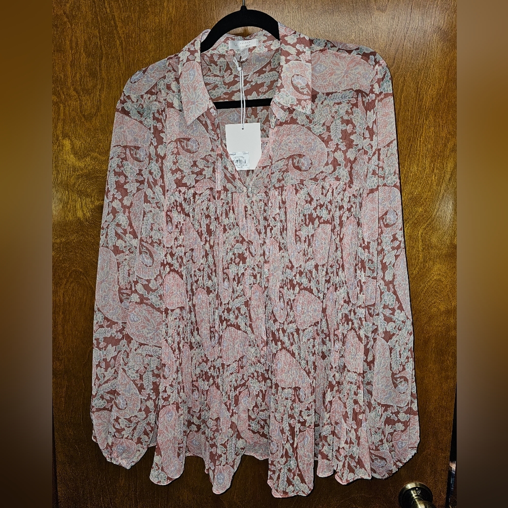 Lauren Conrad Sheer Pink Blouse with multi color Design Motif.